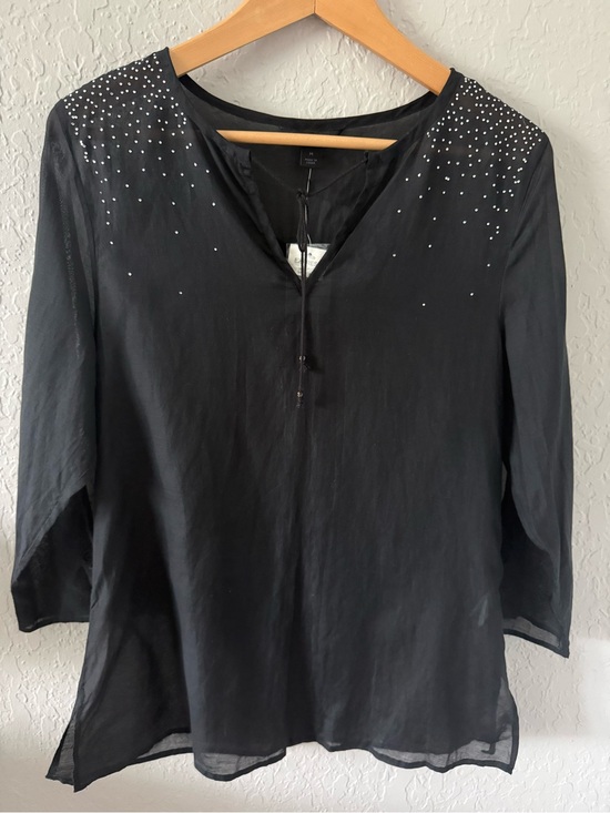 Express Tops - Express Black V-Neck Tunic with Silver Shoulder Rhinestones Sheer